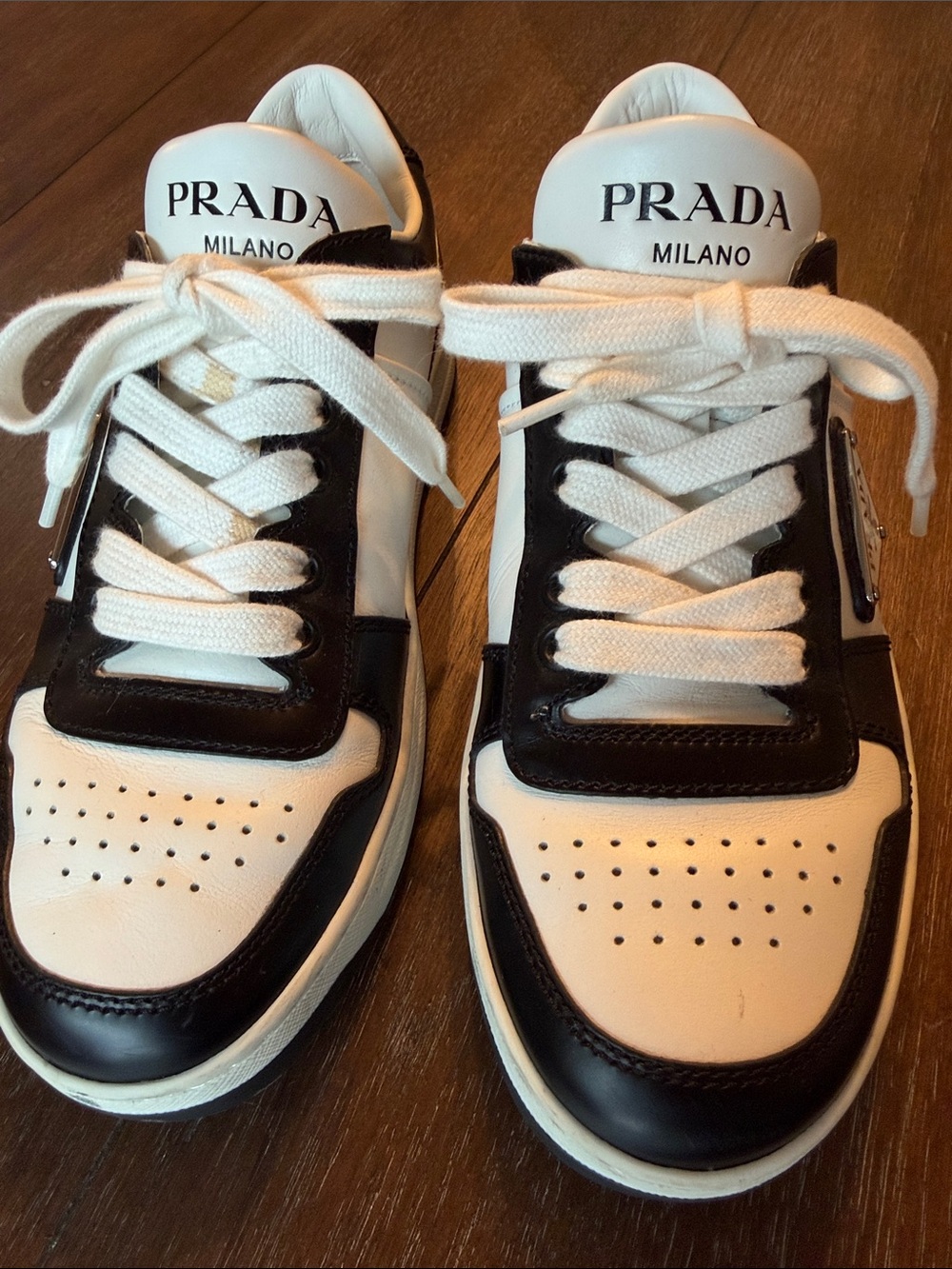 Prada Black and White Leather Low-Top Sneakers